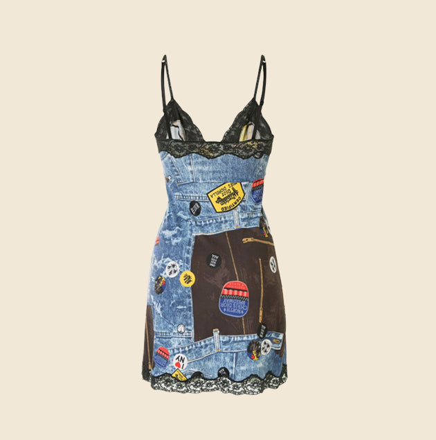 CHRISTIAN DIOR "MISS DIORELLA TROMPE L'OEIL" DENIM PATCHWORK SLIP DRESS