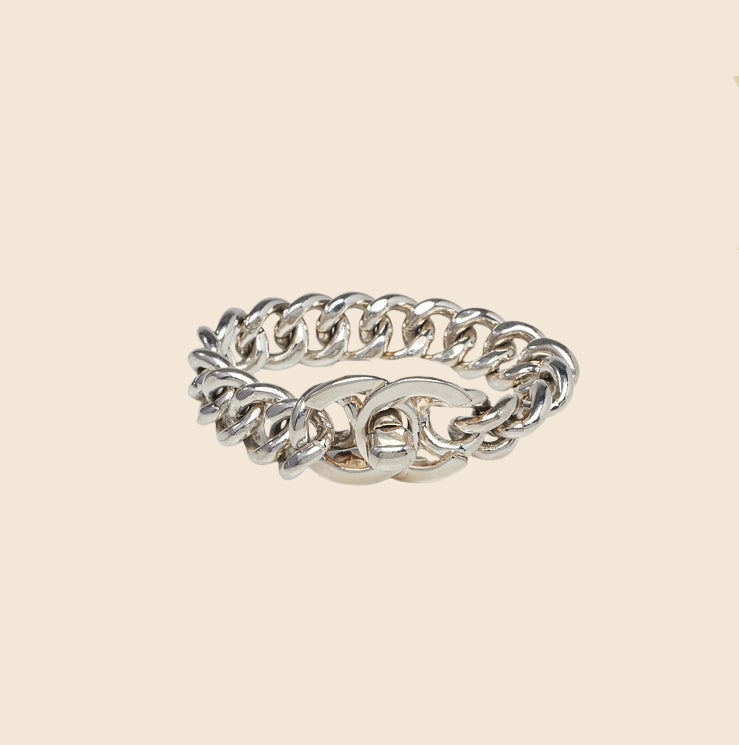 CHANEL SILVER CHAIN LINK CC TURNLOCK CHARM BRACELET