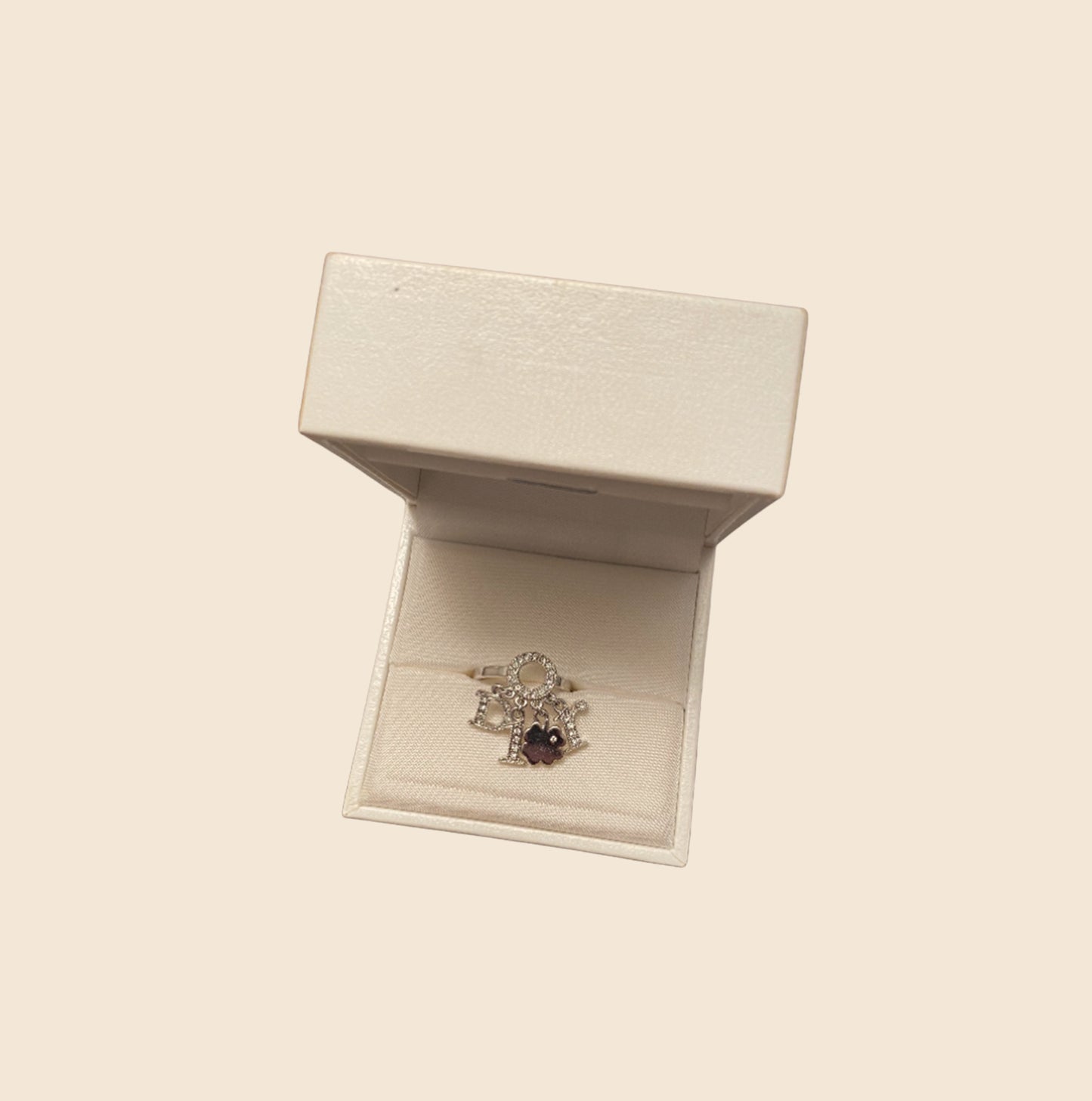 CHRISTIAN DIOR CRYSTAL LOGO CLOVER CHARM RING