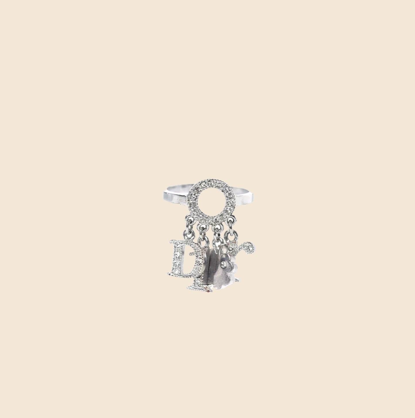 CHRISTIAN DIOR CRYSTAL LOGO CLOVER CHARM RING