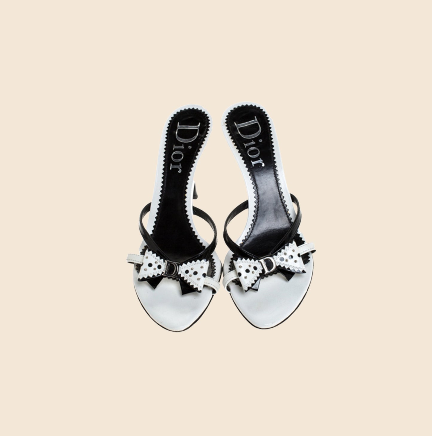CHRISTIAN DIOR BLACK & WHITE LEATHER STUDDED LOGO BOW SANDALS