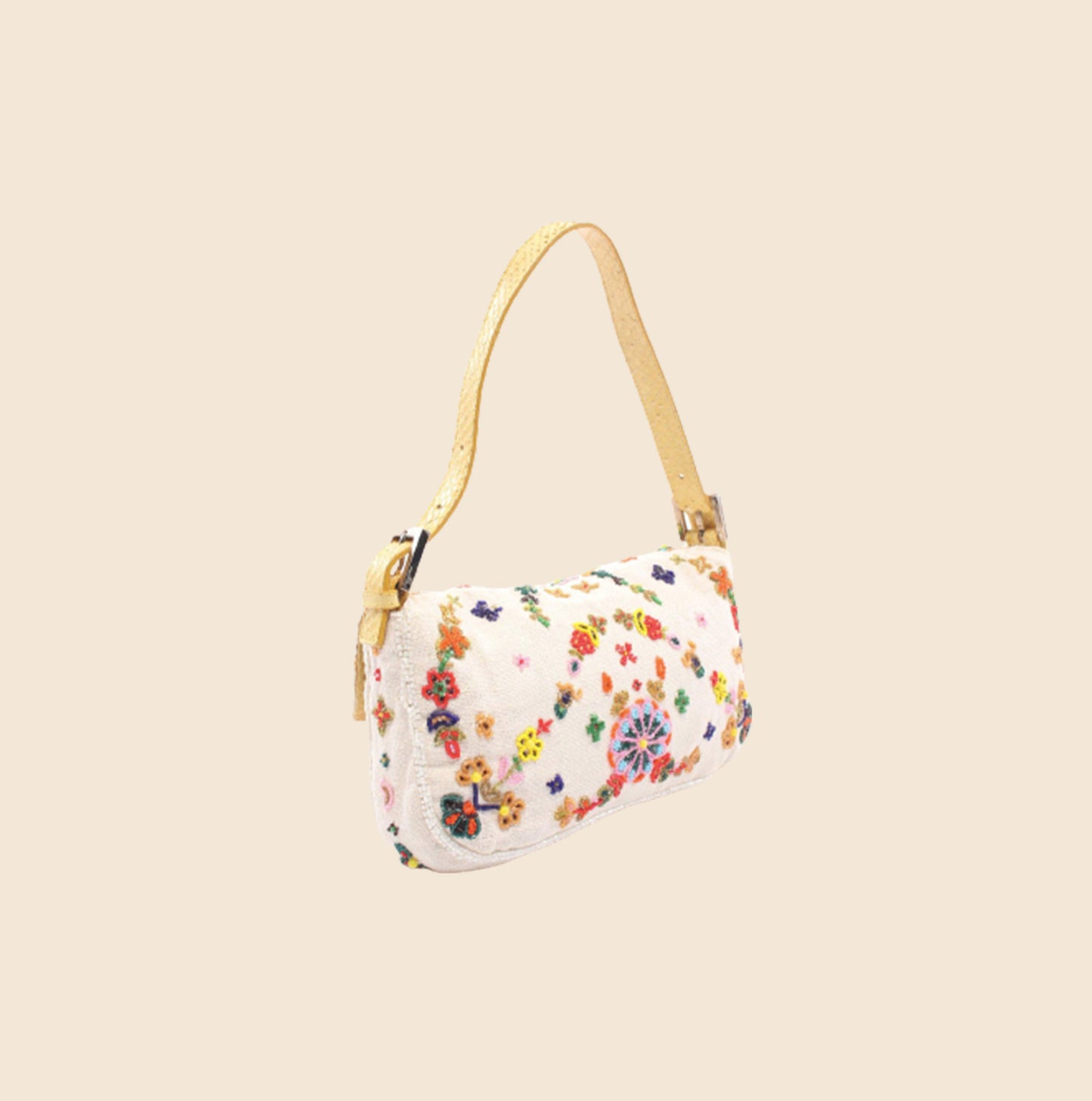 FENDI BEIGE FLORAL BEADED BAGUETTE BAG