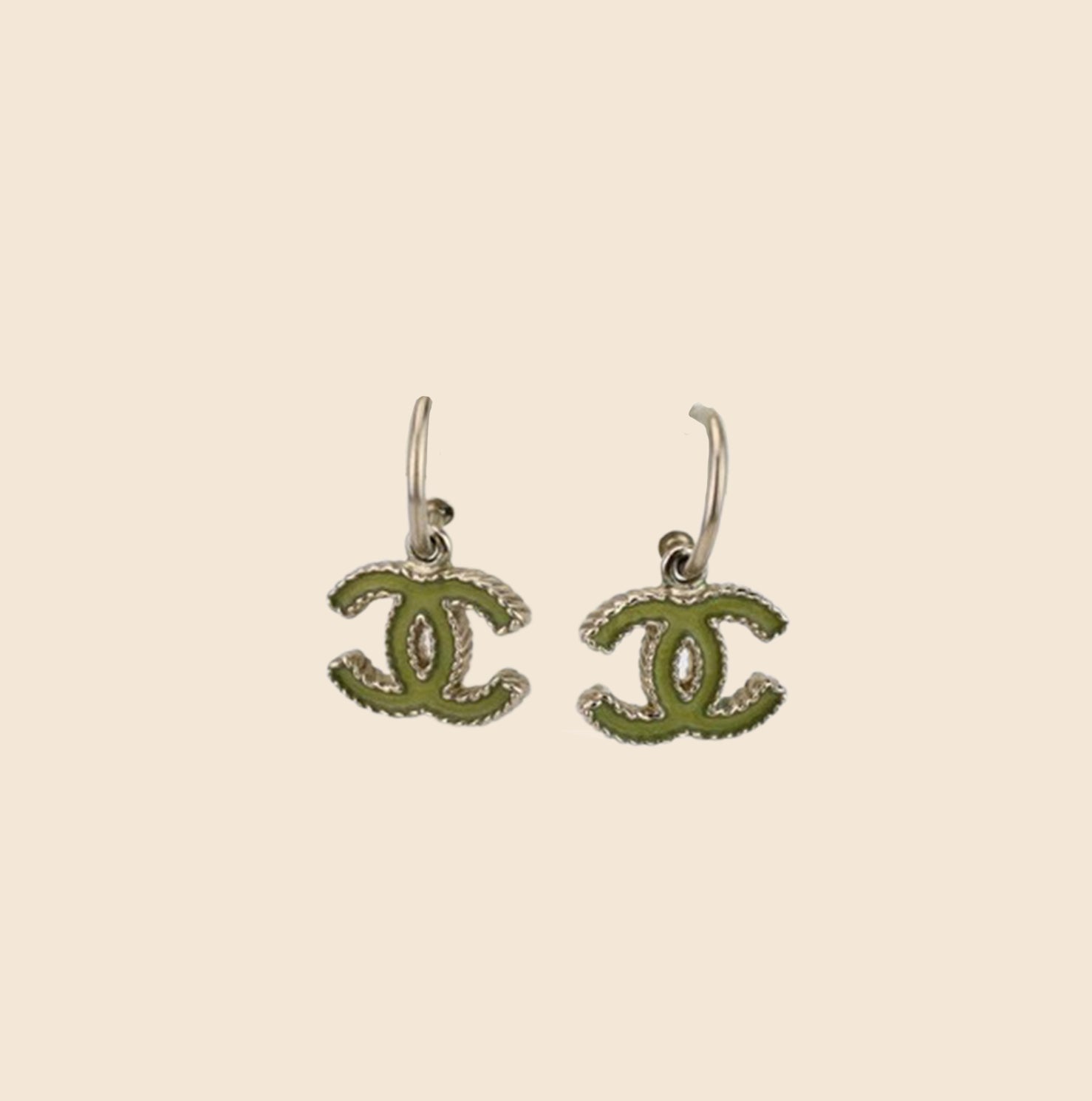 CHANEL CC GREEN ENAMEL SILVER TONE HOOP EARRINGS