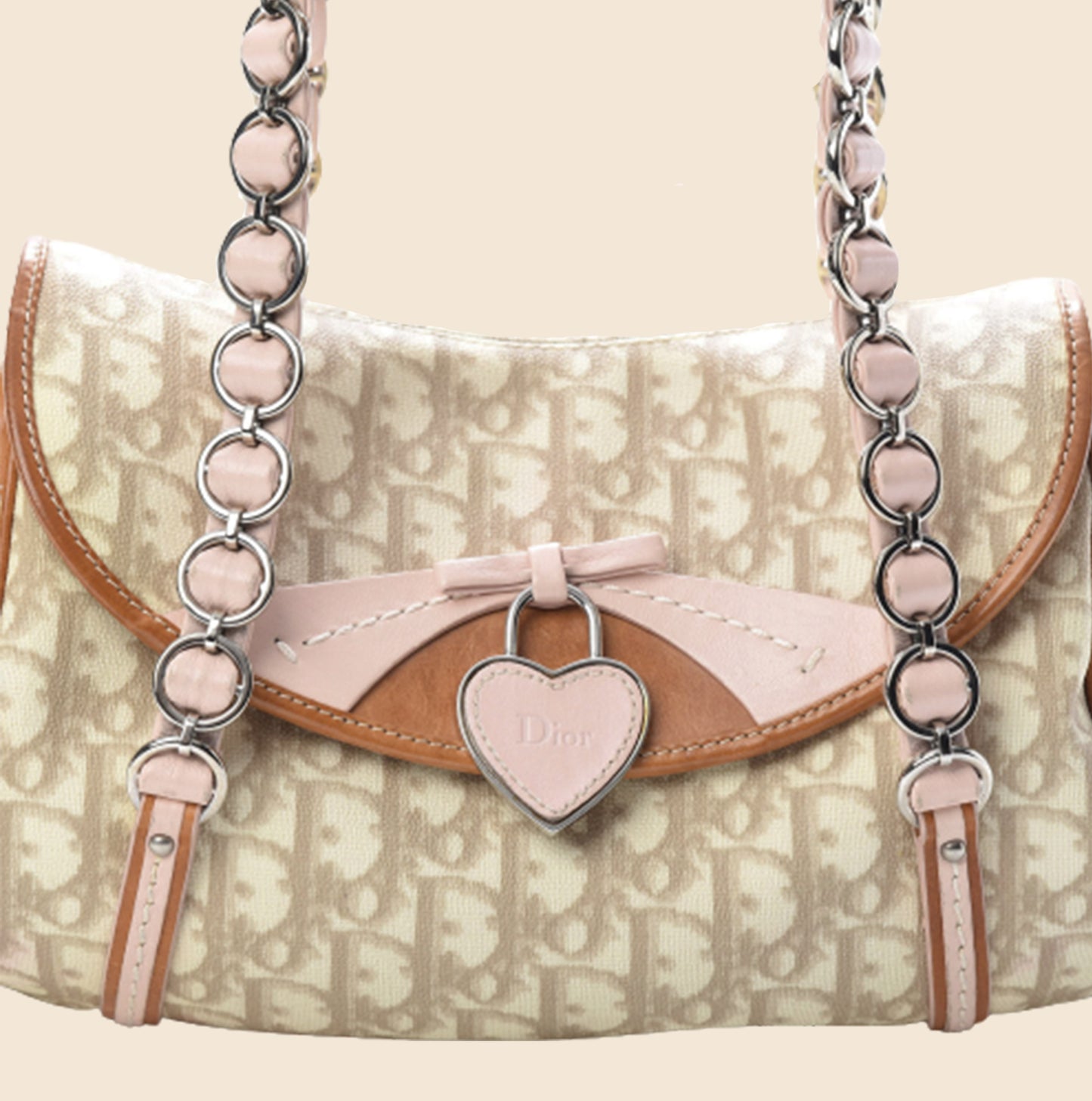 CHRISTIAN DIOR ROSE BEIGE TROTTER ROMANTIQUE SHOULDER BAG