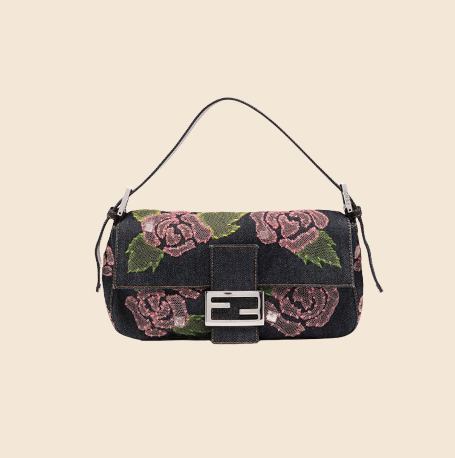 FENDI FLORAL EMBROIDERED DENIM BAGUETTE BAG RDB