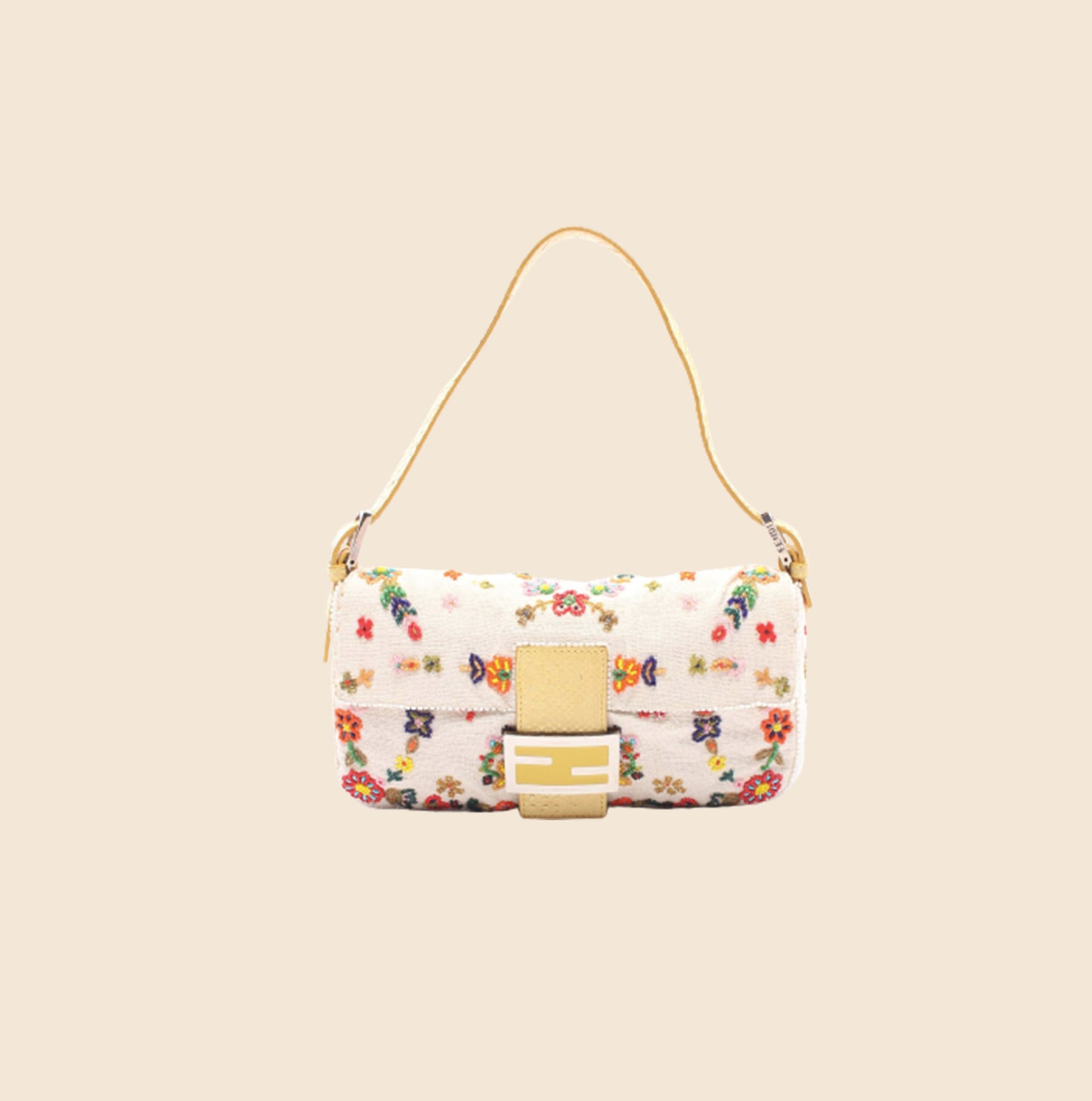 FENDI BEIGE FLORAL BEADED BAGUETTE BAG