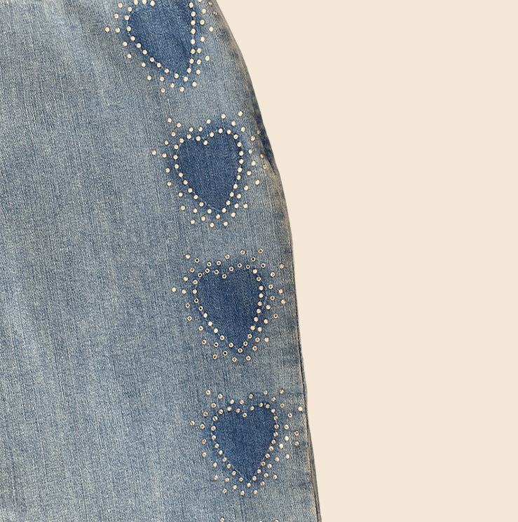 ESCADA 90s HEART STUDDED MINI DENIM SKIRT