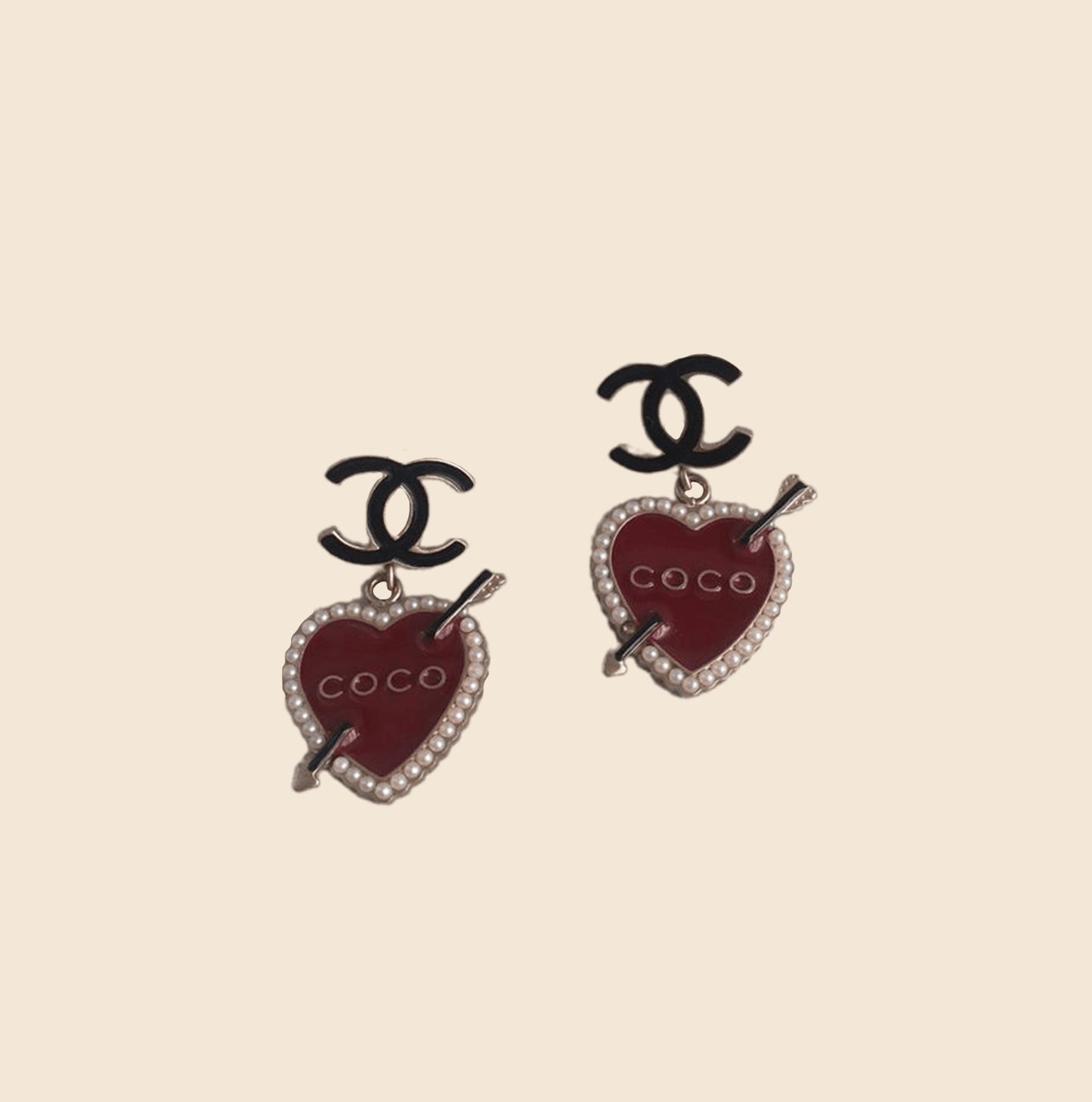 CHANEL CC COCO BLACK RED ENAMEL HEART ARROW EARRINGS