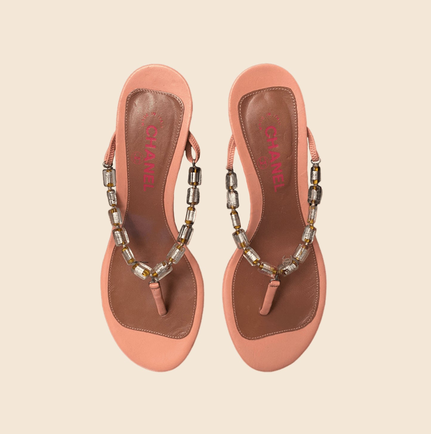CHANEL PINK BEADED CC CHARM KITTEN HEELS