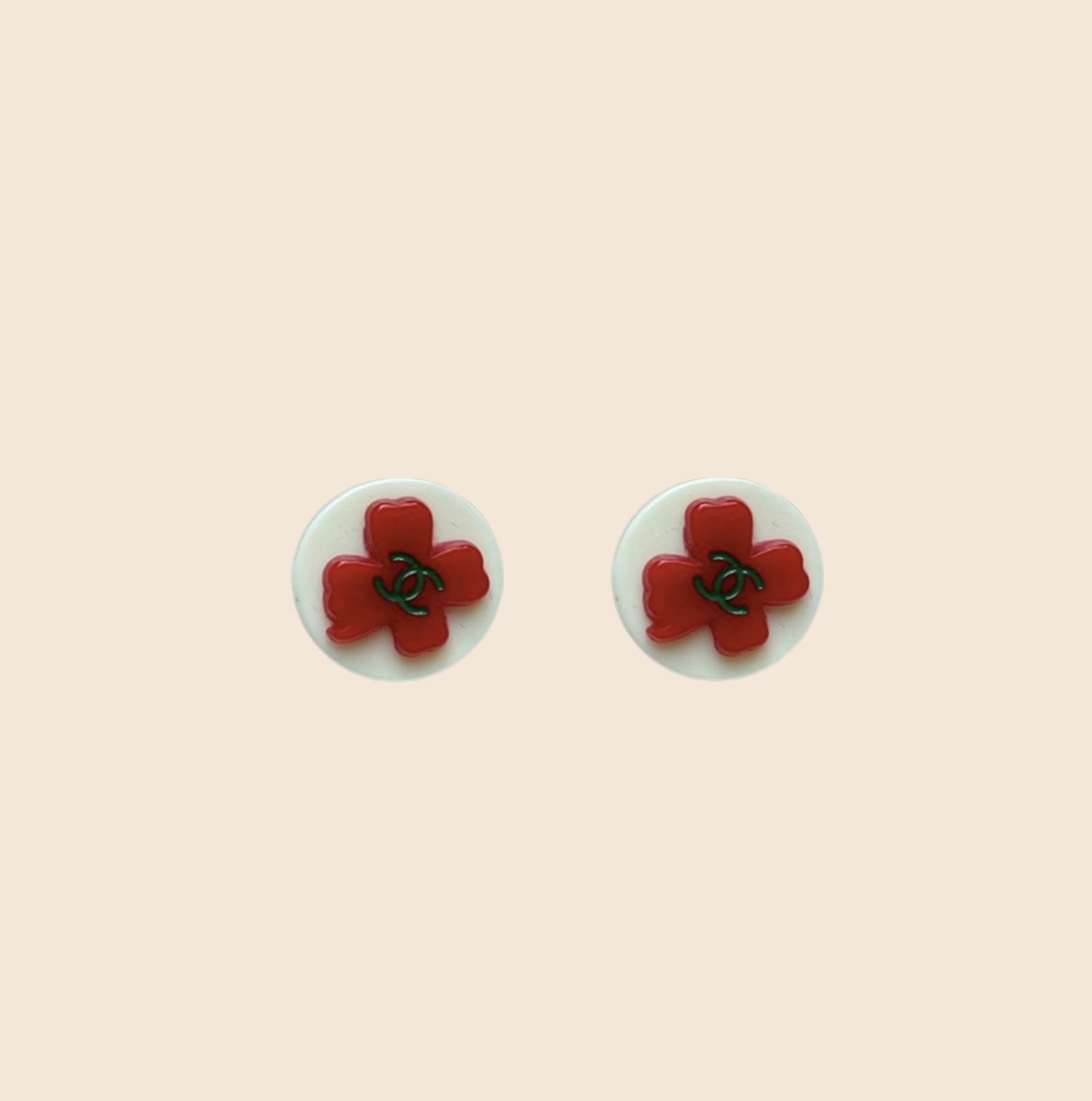 CHANEL RED WHITE CC LOGO CLOVER CLIP ON EARRINGS