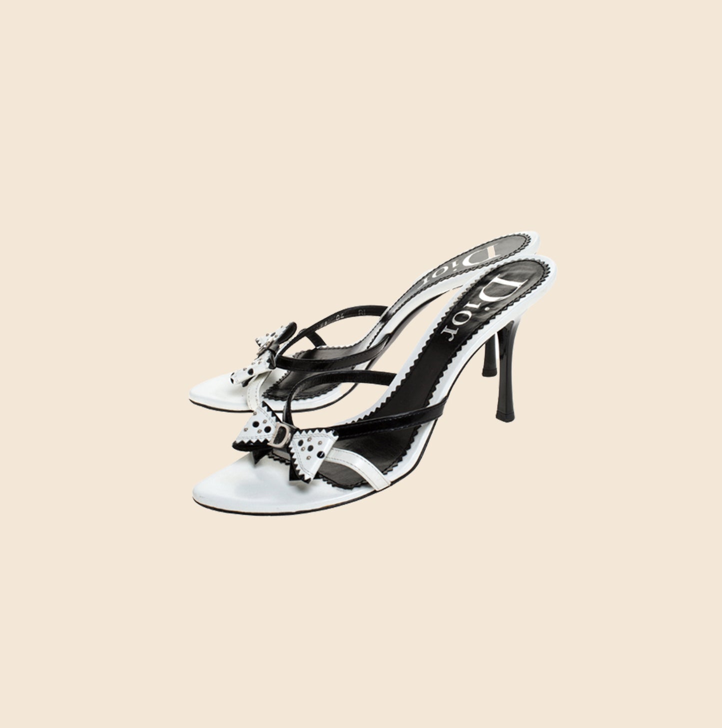CHRISTIAN DIOR BLACK & WHITE LEATHER STUDDED LOGO BOW SANDALS