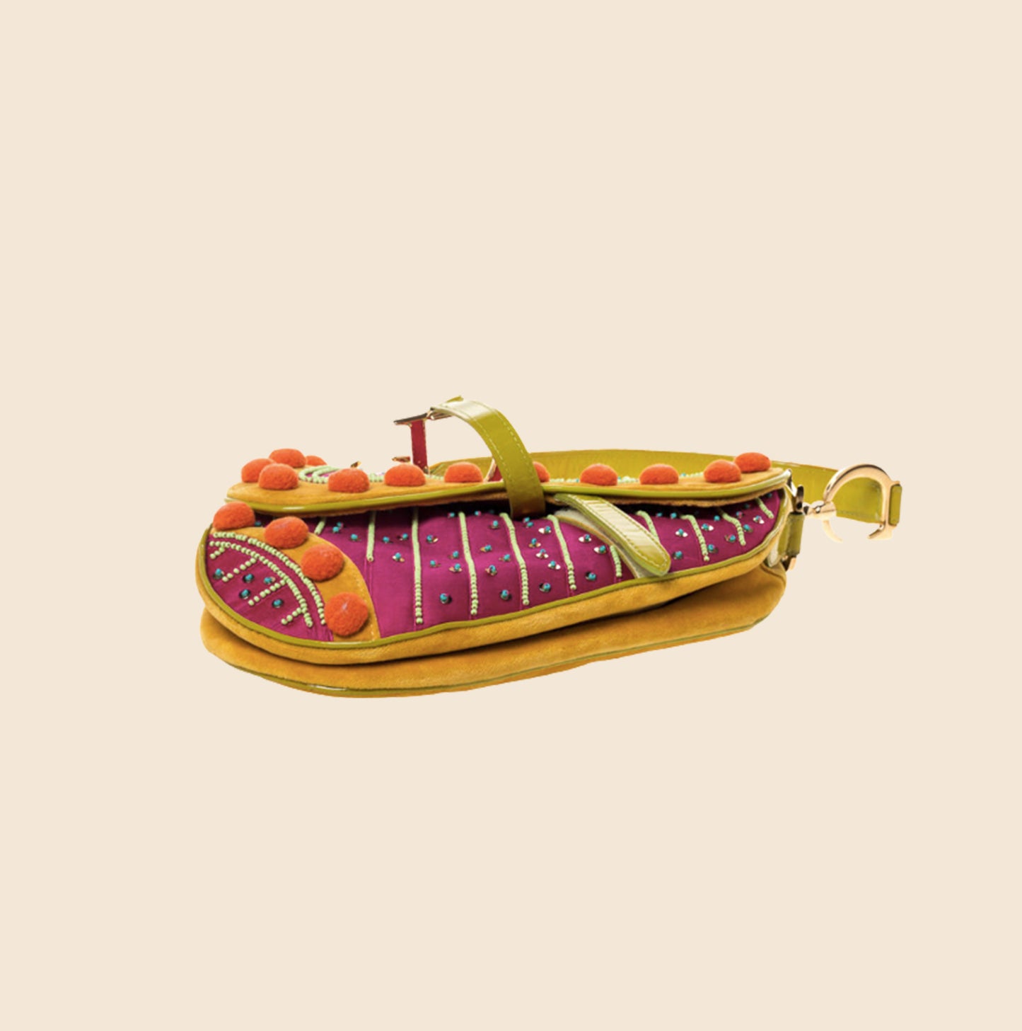 CHRISTIAN DIOR MULTICOLOR LIMITED EDITION POM POM EMBELLISHED SADDLE BAG