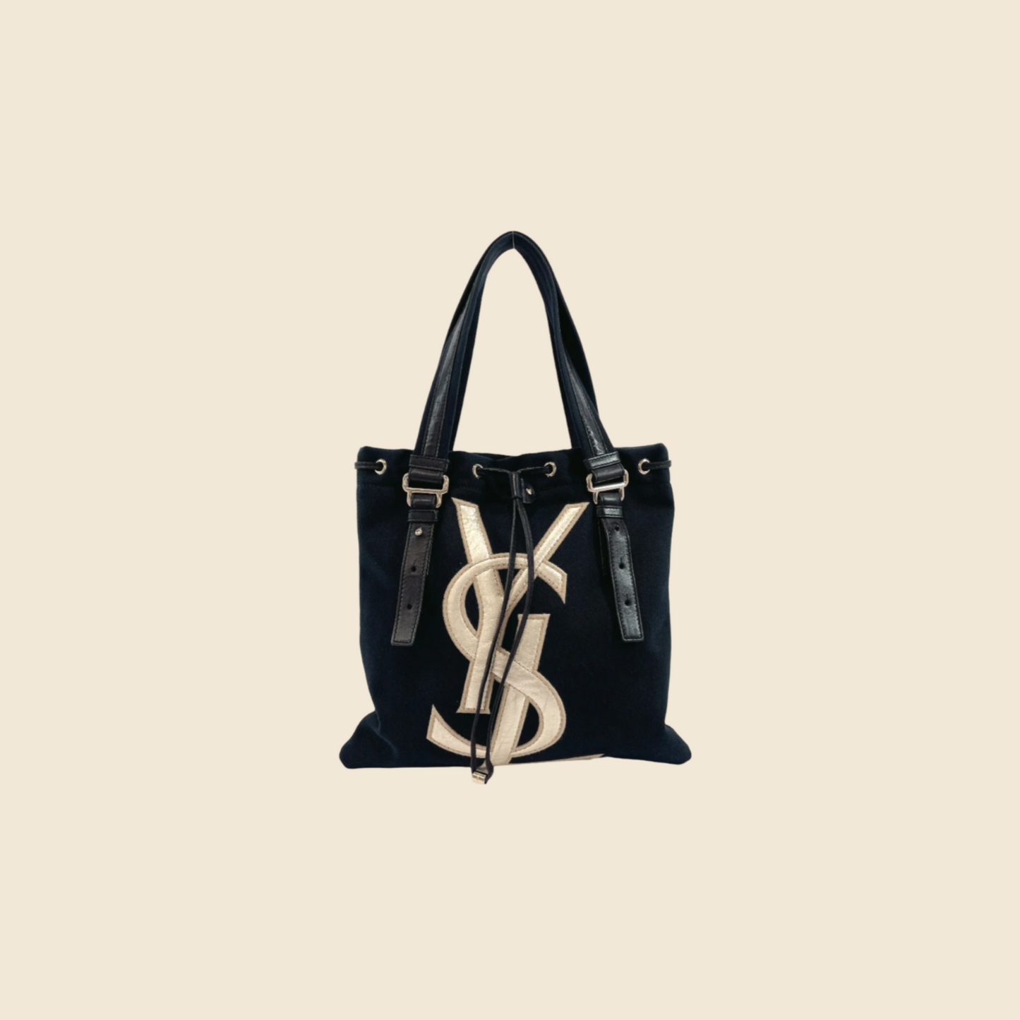 YVES SAINT LAURENT YSL KAHALA BLACK & GOLD CANVAS TOTE