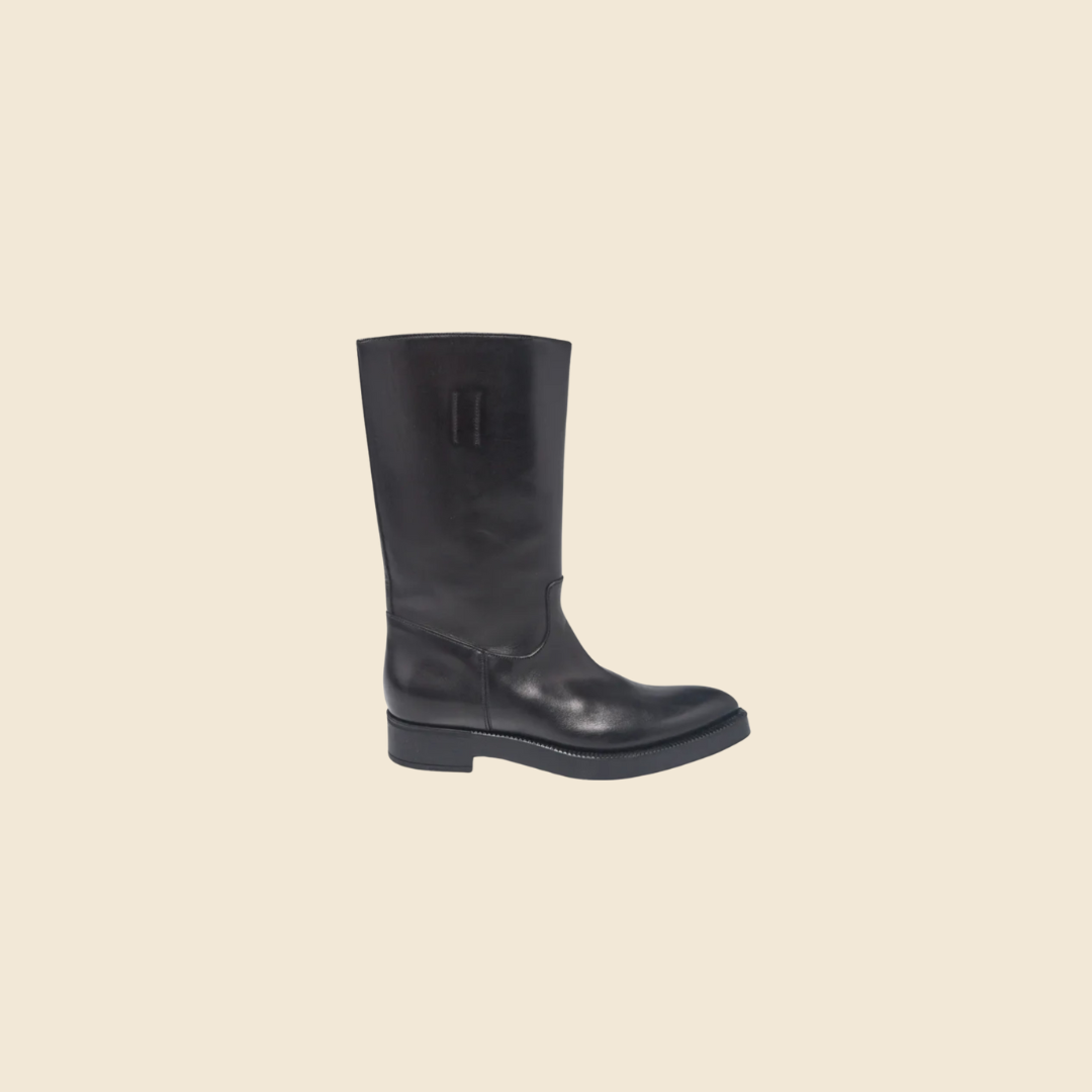 PRADA BLACK LEATHER POINTED TOE MID CALF BOOTS