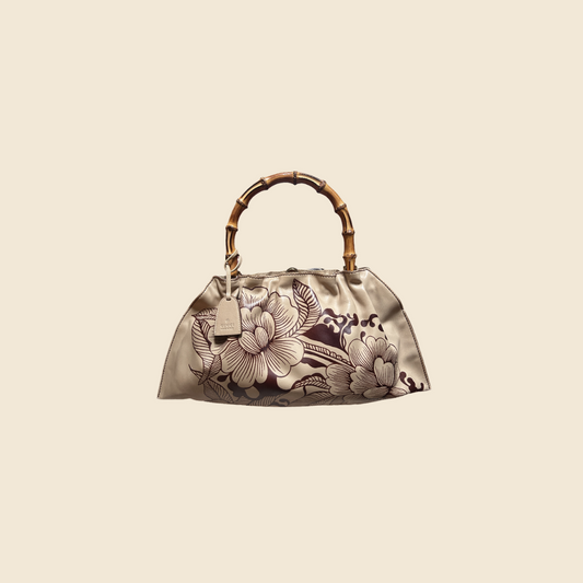 GUCCI BY TOM FORD 2003 TAN FLORAL PRINT BAMBOO TOP HANDLE BAG