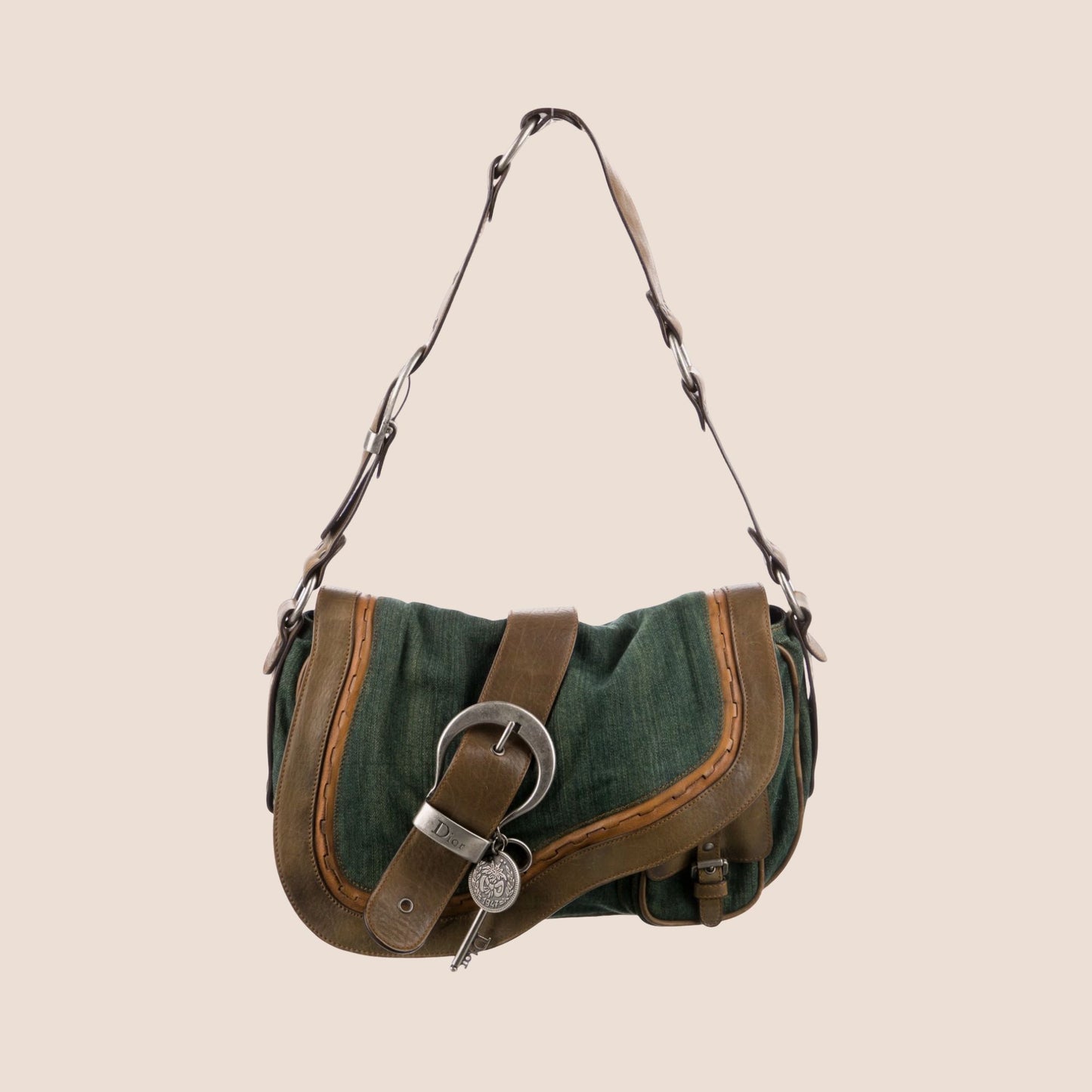 CHRISTIAN DIOR 2008 WASHED DENIM KHAKI LEATHER GAUCHO SADDLE BAG