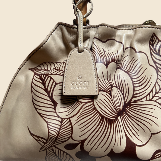 GUCCI BY TOM FORD 2003 TAN FLORAL PRINT BAMBOO TOP HANDLE BAG