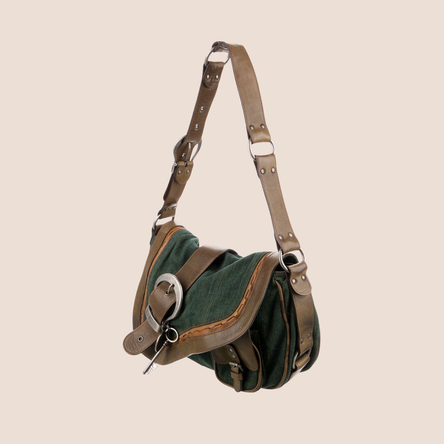 CHRISTIAN DIOR 2008 WASHED DENIM KHAKI LEATHER GAUCHO SADDLE BAG