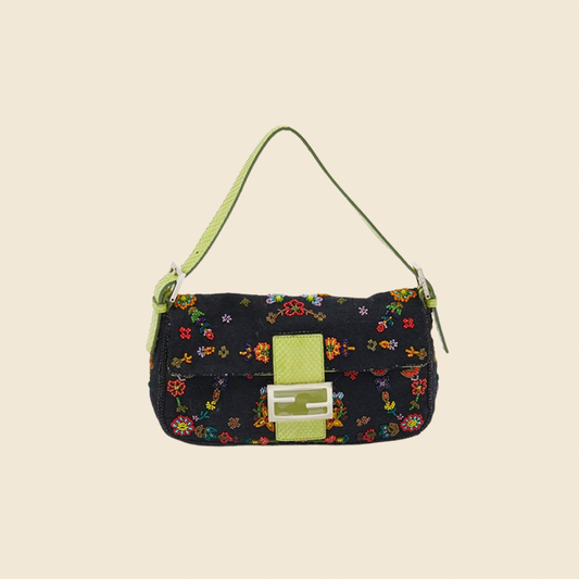 FENDI MULTICOLOR BEADED CANVAS GREEN PYTHON TRIM BAGUETTE BAG