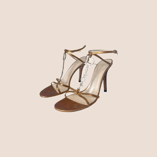 CHRISTIAN DIOR GOLD SWAROWSKI CHAIN STRAP SANDALS