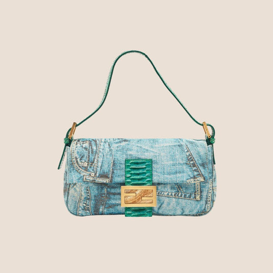 FENDI GREEN & BLUE DENIM PRINT SNAKE LEATHER BAGUETTE BAG