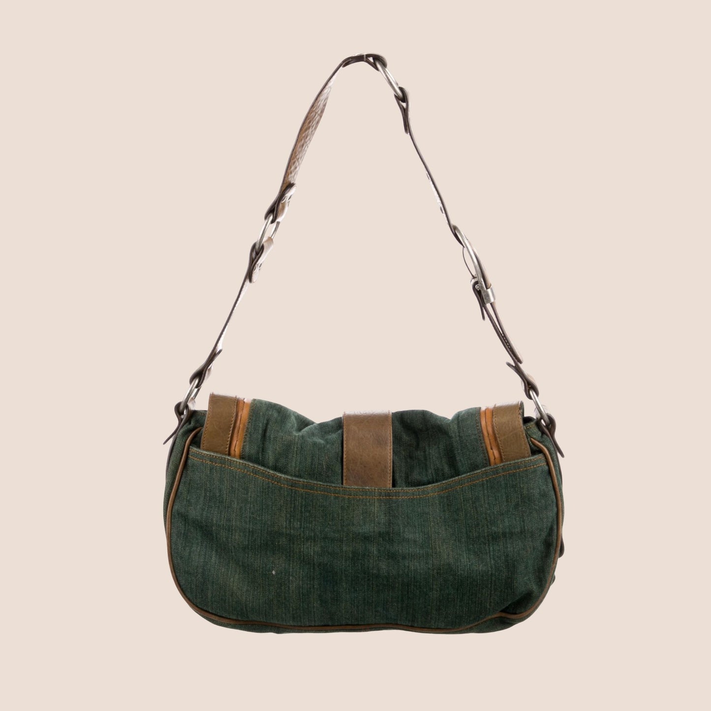 CHRISTIAN DIOR 2008 WASHED DENIM KHAKI LEATHER GAUCHO SADDLE BAG