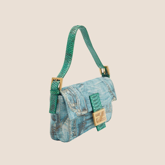 FENDI GREEN & BLUE DENIM PRINT SNAKE LEATHER BAGUETTE BAG