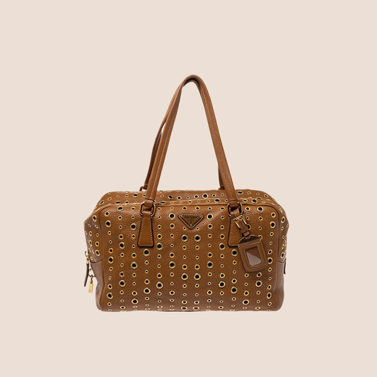 PRADA 2000 BROWN RIVET STUDDED BAULETTO BAG