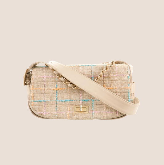 CHANEL 2000 BEIGE TWEED MADEMOISELLE FLAP BAG