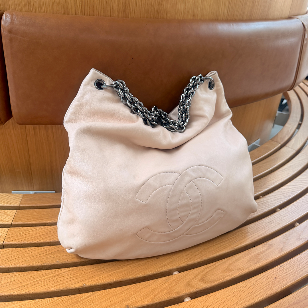CHANEL CREAM LAMBSKIN CC LARGE HOBO BAG
