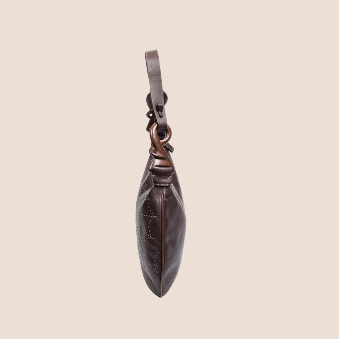 FENDI BROWN LEATHER SPIDER WEB OYSTER BAG