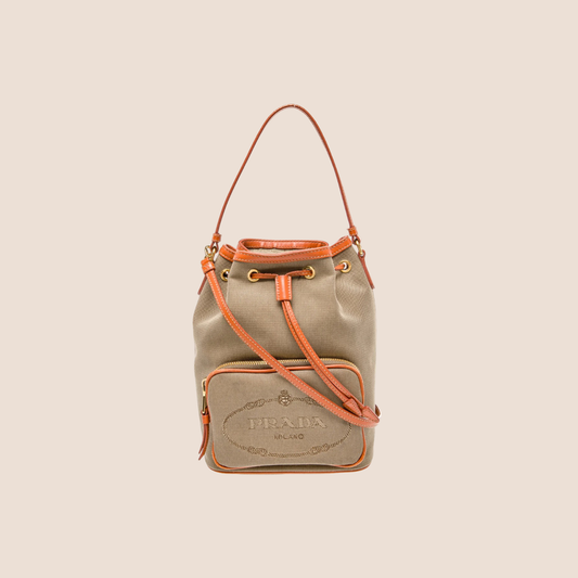 PRADA 2000 PAPAYA TRIM JACQUARD LOGO BUCKET BAG