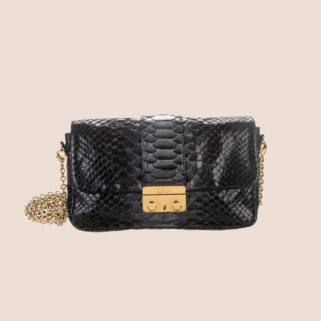 CHRISTIAN DIOR BLACK PYTHON NEW LOCK PROMENADE BAG