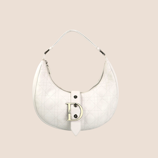CHRISTIAN DIOR WHITE LEATHER CANNAGE D FLAP HALF MOON HOBO BAG