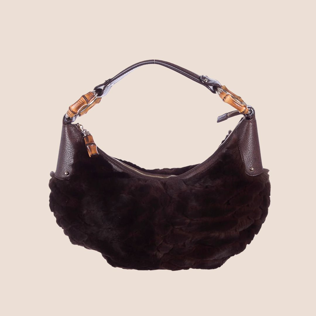 GUCCI BROWN RABBIT FUR BAMBOO HOBO BAG