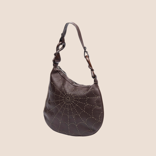 FENDI BROWN LEATHER SPIDER WEB OYSTER BAG