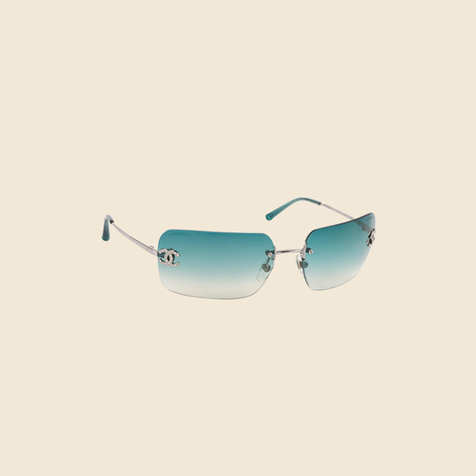 CHANEL 90s TEAL BLUE GRADIENT CC CRYSTAL RIMLESS SUNGLASSES