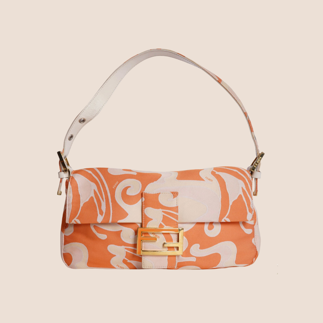 FENDI 2000s PSYCHEDELIC SWIRL ORANGE & CREAM SILK BAGUETTE BAG