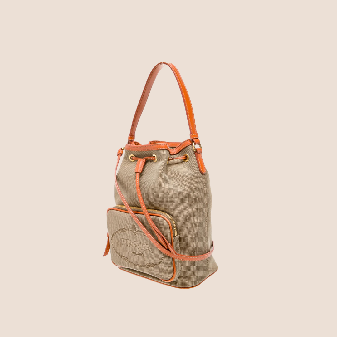 PRADA 2000 PAPAYA TRIM JACQUARD LOGO BUCKET BAG