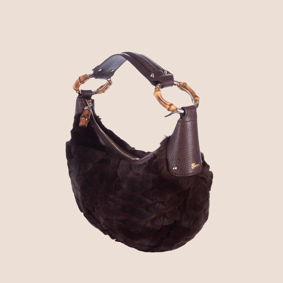 GUCCI BROWN RABBIT FUR BAMBOO HOBO BAG
