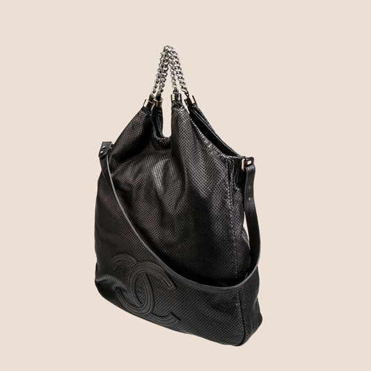 CHANEL METALLIC BLACK PERFORATED RODEO HOBO BAG