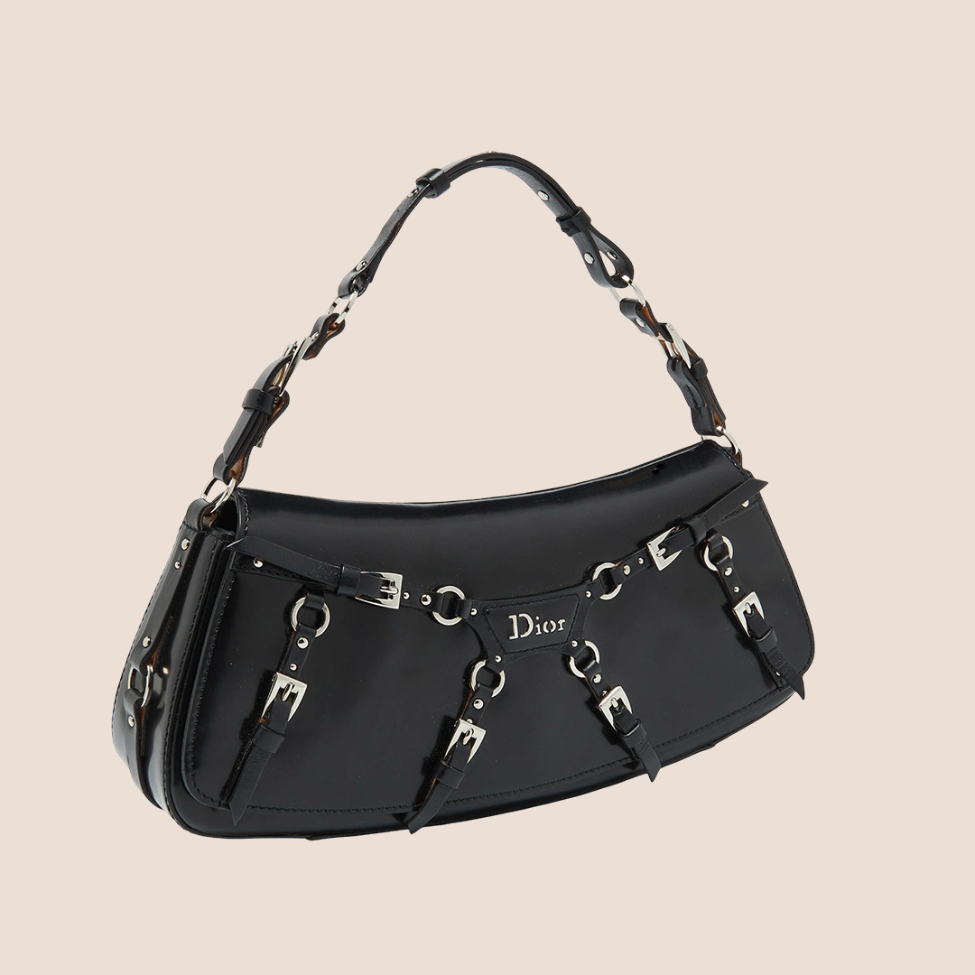 CHRISTIAN DIOR 2003 BLACK LEATHER BONDAGE BAG