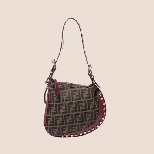 FENDI TOBACCO ZUCCA CANVAS STUDDED OYSTER HOBO BAG