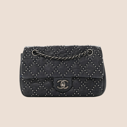 CHANEL 2014 BLACK STUDDED CHAIN FLAP BAG