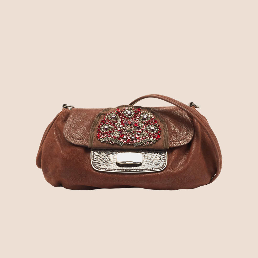 PRADA AW2005 BROWN LEATHER RHINESTONE FLAP BAG