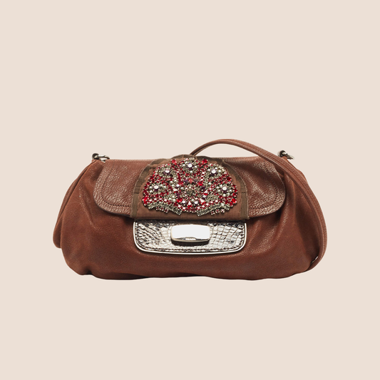 PRADA AW2005 BROWN LEATHER RHINESTONE FLAP BAG