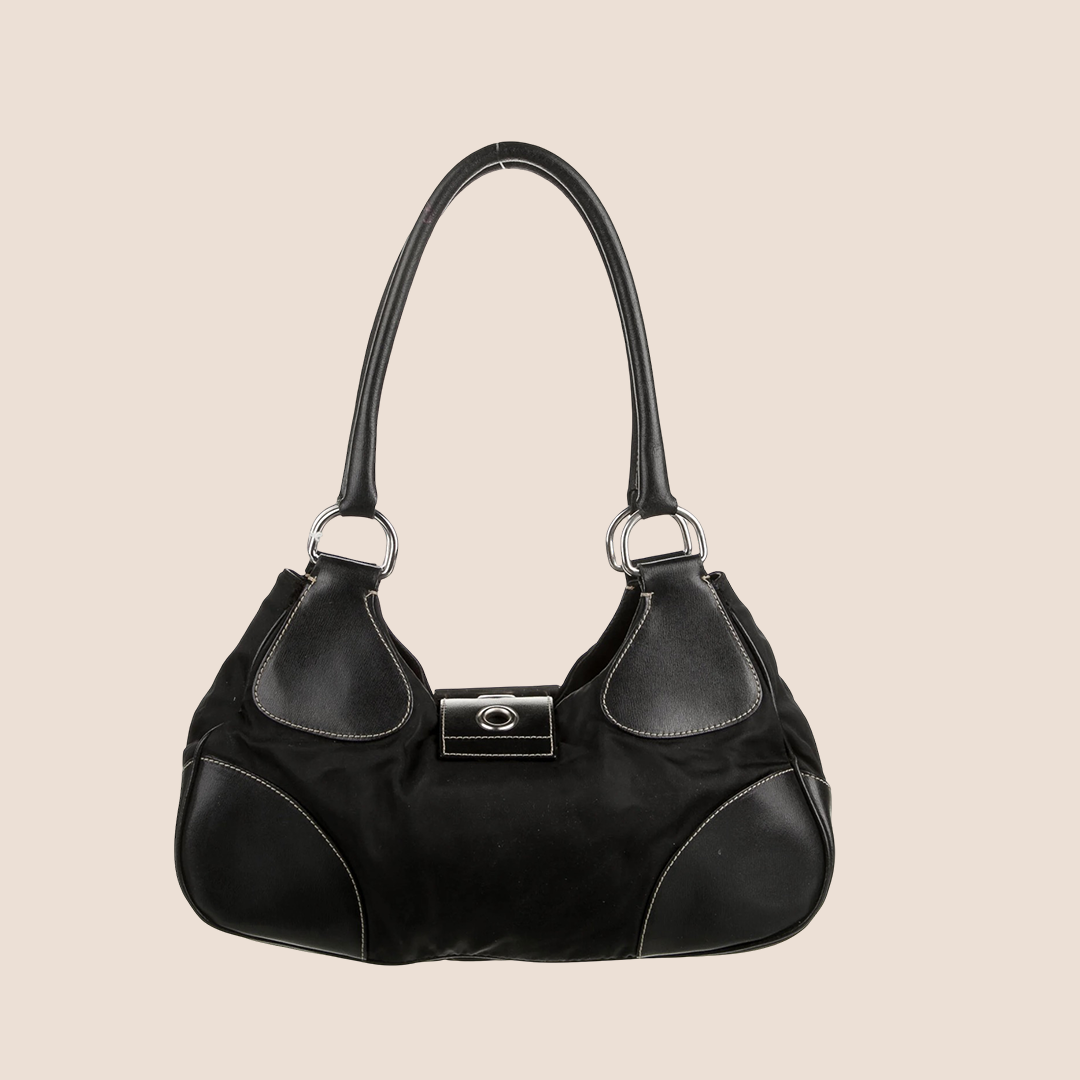PRADA 2000 BLACK NYLON & LEATHER MOON BAG
