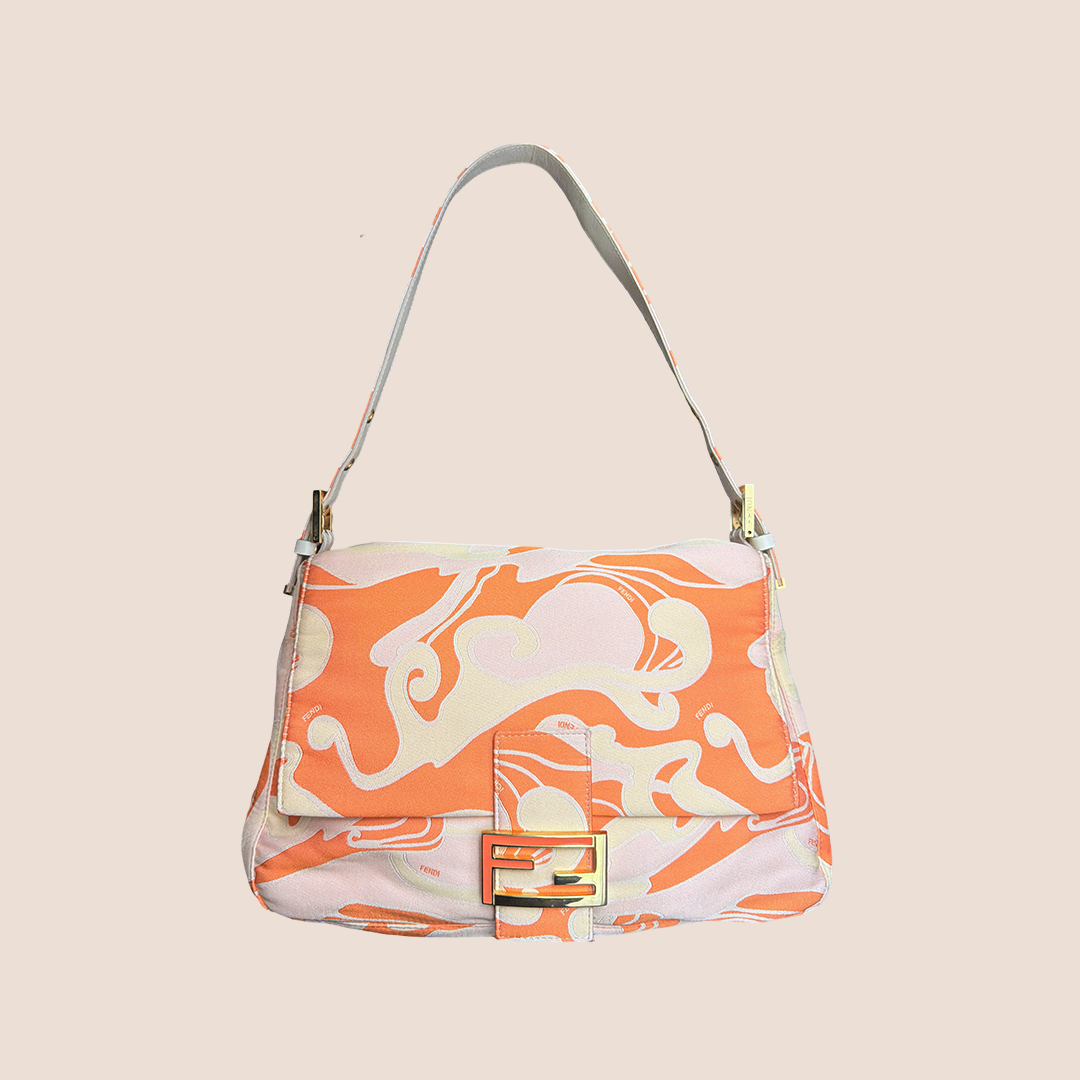 FENDI 2000s PSYCHEDELIC SWIRL ORANGE & CREAM SILK MAMMA BAGUETTE BAG