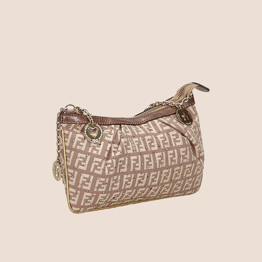FENDI BRONZE ZUCCHINO STUDDED CANVAS CHARM CHAIN POCHETTE