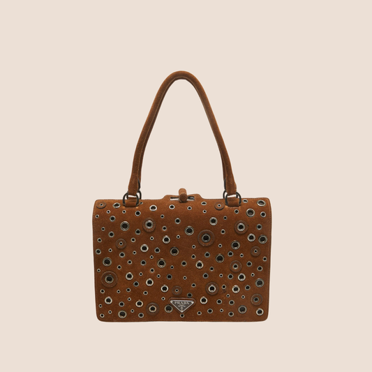 PRADA 2000 BROWN GROMMET FRAME SATCHEL